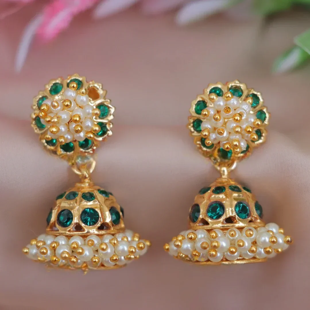 Exquisite Floral Pearl Jhumka Earrings - Green